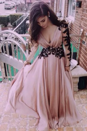 Classic Chiffon Long Sleeve V-Neck Lace Prom Dresses Evening Dresses, MP287