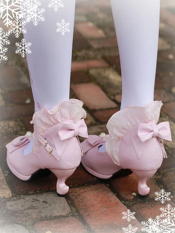 Classic Lolita Pumps Bow Strappy Ruffle PU Deep Blue Lolita Footwear