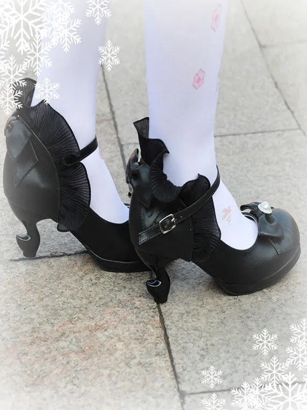 Classic Lolita Pumps Bow Strappy Ruffle PU Deep Blue Lolita Footwear