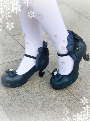 Classic Lolita Pumps Bow Strappy Ruffle PU Deep Blue Lolita Footwear