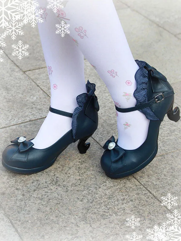 Classic Lolita Pumps Bow Strappy Ruffle PU Deep Blue Lolita Footwear
