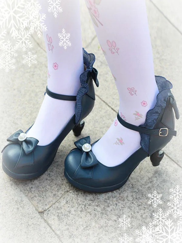 Classic Lolita Pumps Bow Strappy Ruffle PU Deep Blue Lolita Footwear