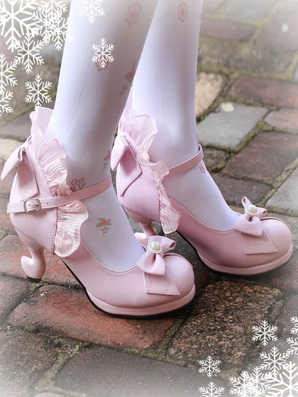 Classic Lolita Pumps Bow Strappy Ruffle PU Deep Blue Lolita Footwear