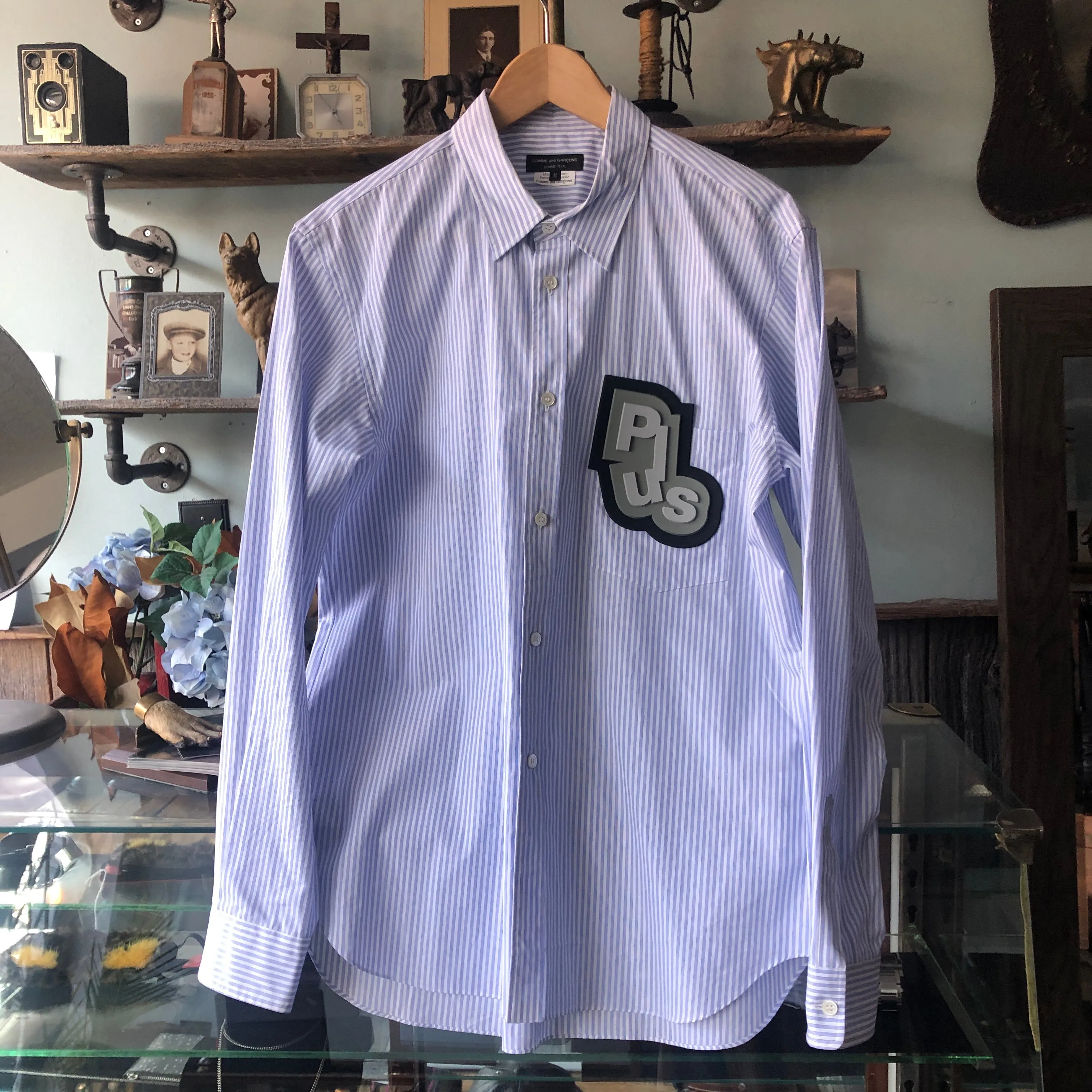 Comme Des Garcons Homme Plus Blue Pinstripe Rubber Graphic Shirt - M