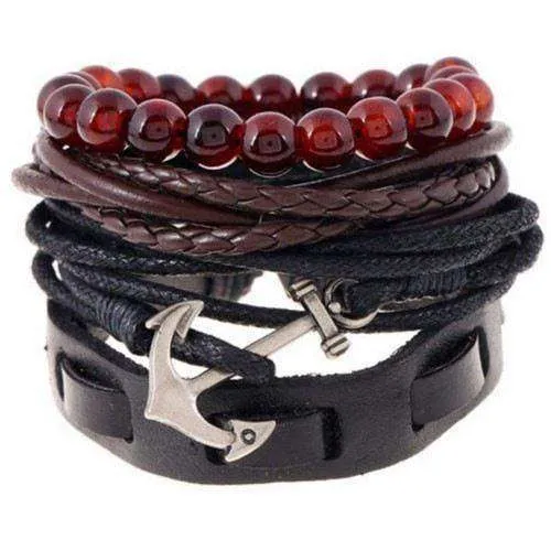 Cool Silver Anchor Charm Black Leather Multilayer Bracelet Set