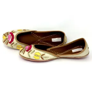 Cream Color Punjabi Jutti / Shoes With Colorful Floral Embroidery