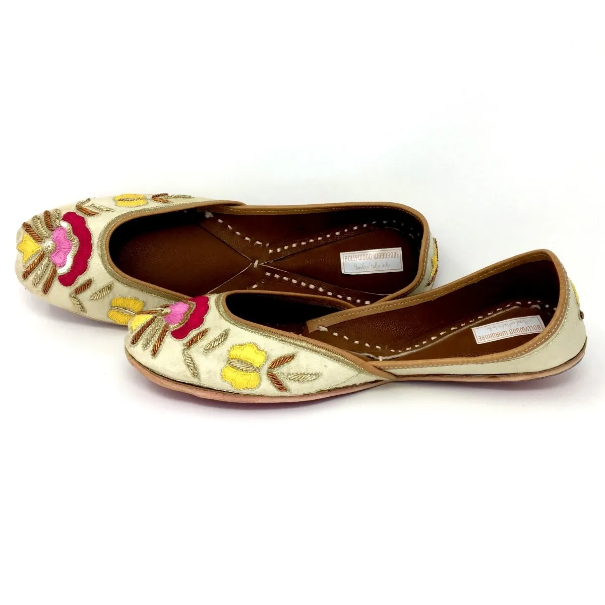 Cream Color Punjabi Jutti / Shoes With Colorful Floral Embroidery
