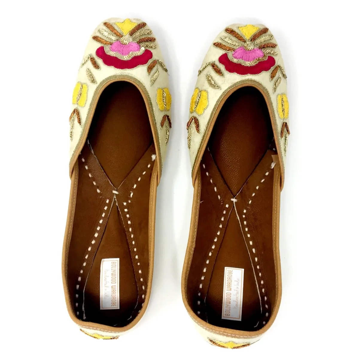 Cream Color Punjabi Jutti / Shoes With Colorful Floral Embroidery