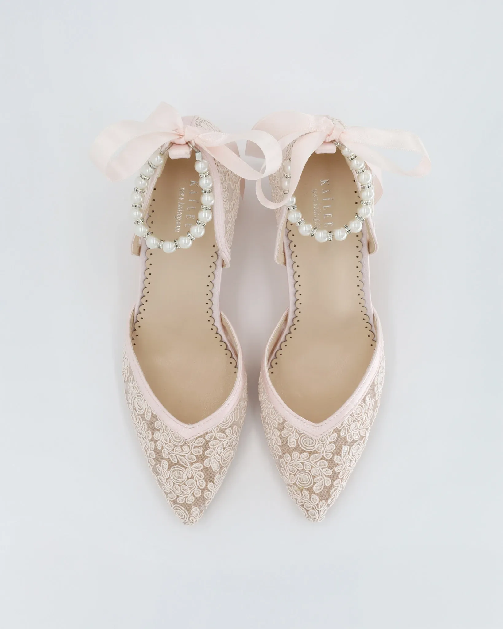 Dusty Pink Lace Block Heel Evening Shoes with Pearls Strap
