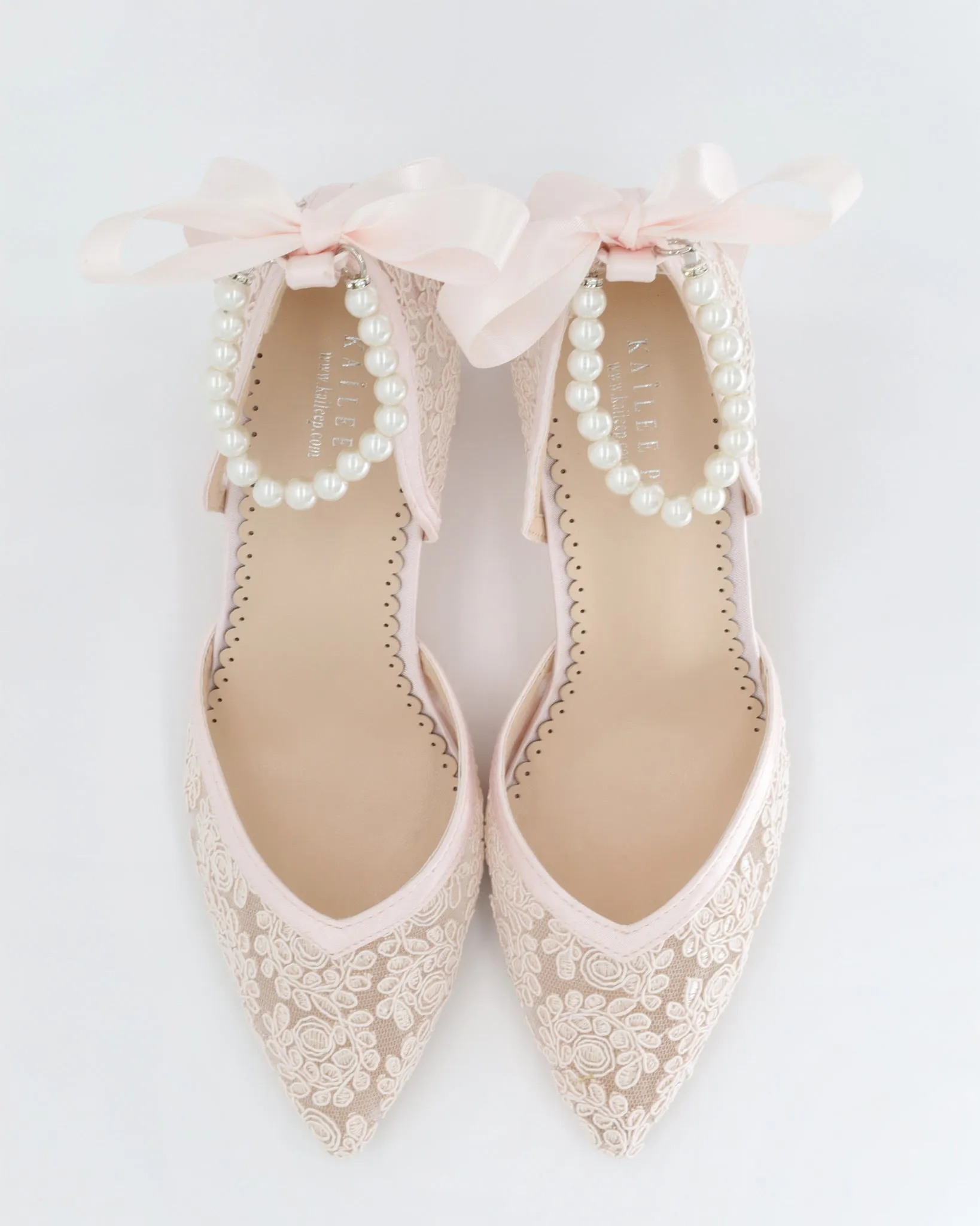 Dusty Pink Lace Block Heel Evening Shoes with Pearls Strap