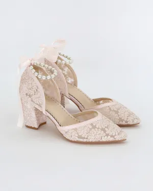 Dusty Pink Lace Block Heel Evening Shoes with Pearls Strap
