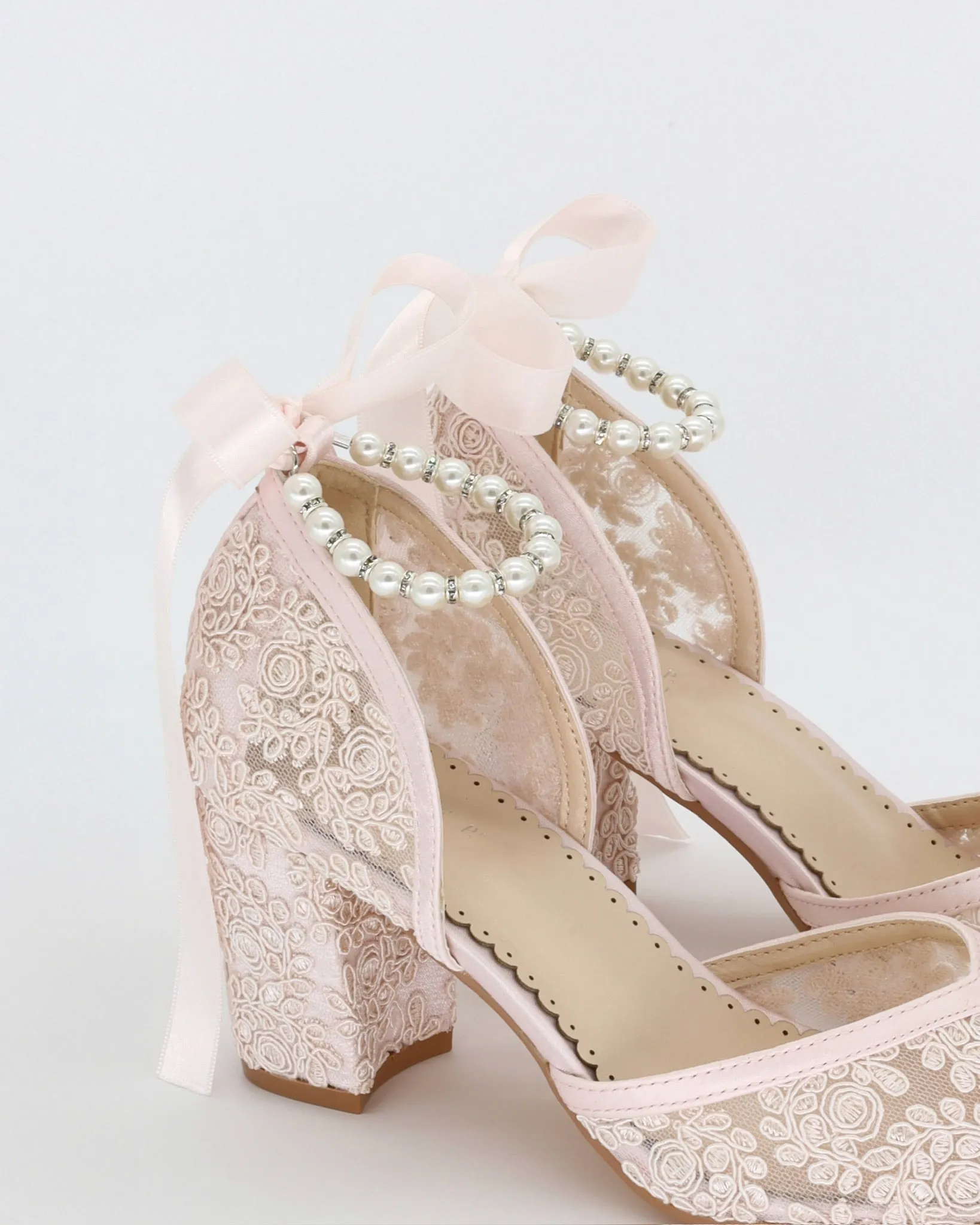 Dusty Pink Lace Block Heel Evening Shoes with Pearls Strap