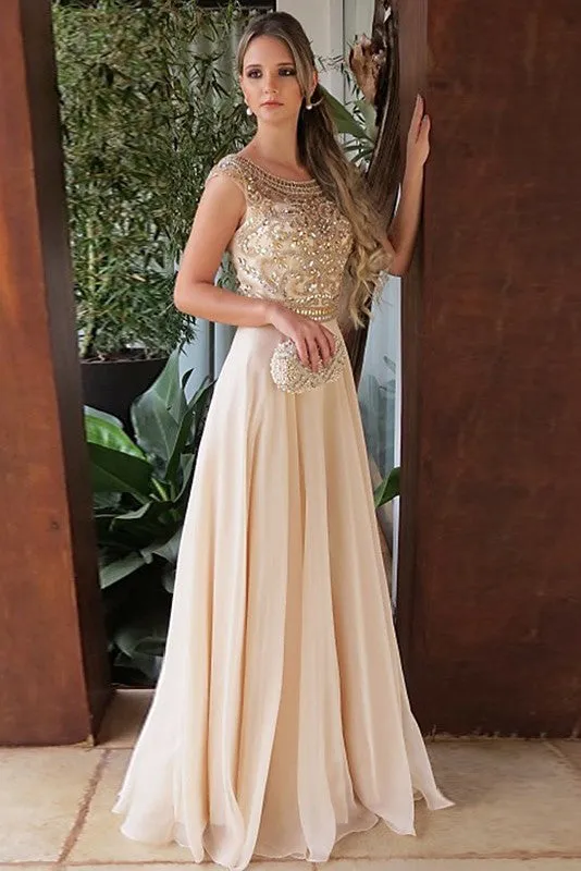 Elegant Beading A Line Chiffon Round Neck Cap Sleeves Prom Dresses OK859