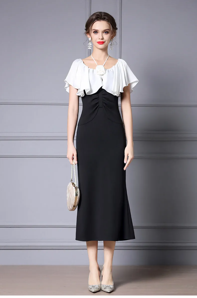 Elegant Black Color-Blocked Fishtail Dress with High Waist