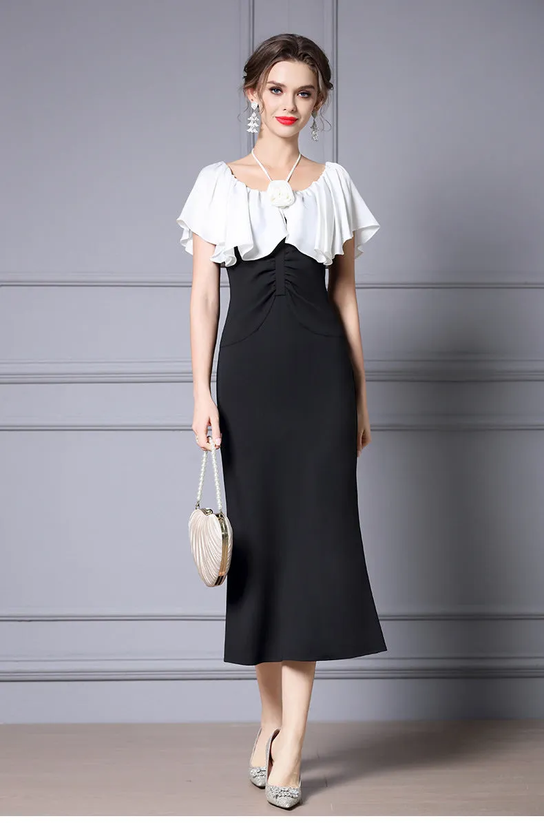 Elegant Black Color-Blocked Fishtail Dress with High Waist
