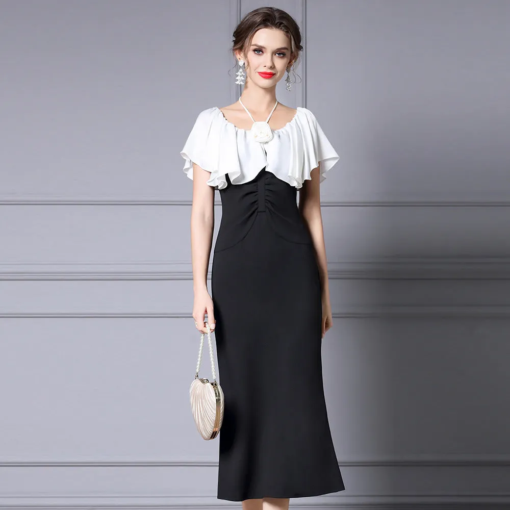 Elegant Black Color-Blocked Fishtail Dress with High Waist