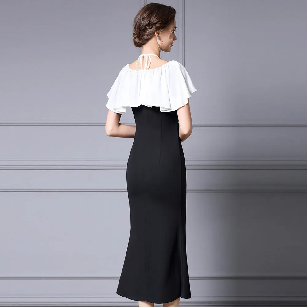 Elegant Black Color-Blocked Fishtail Dress with High Waist
