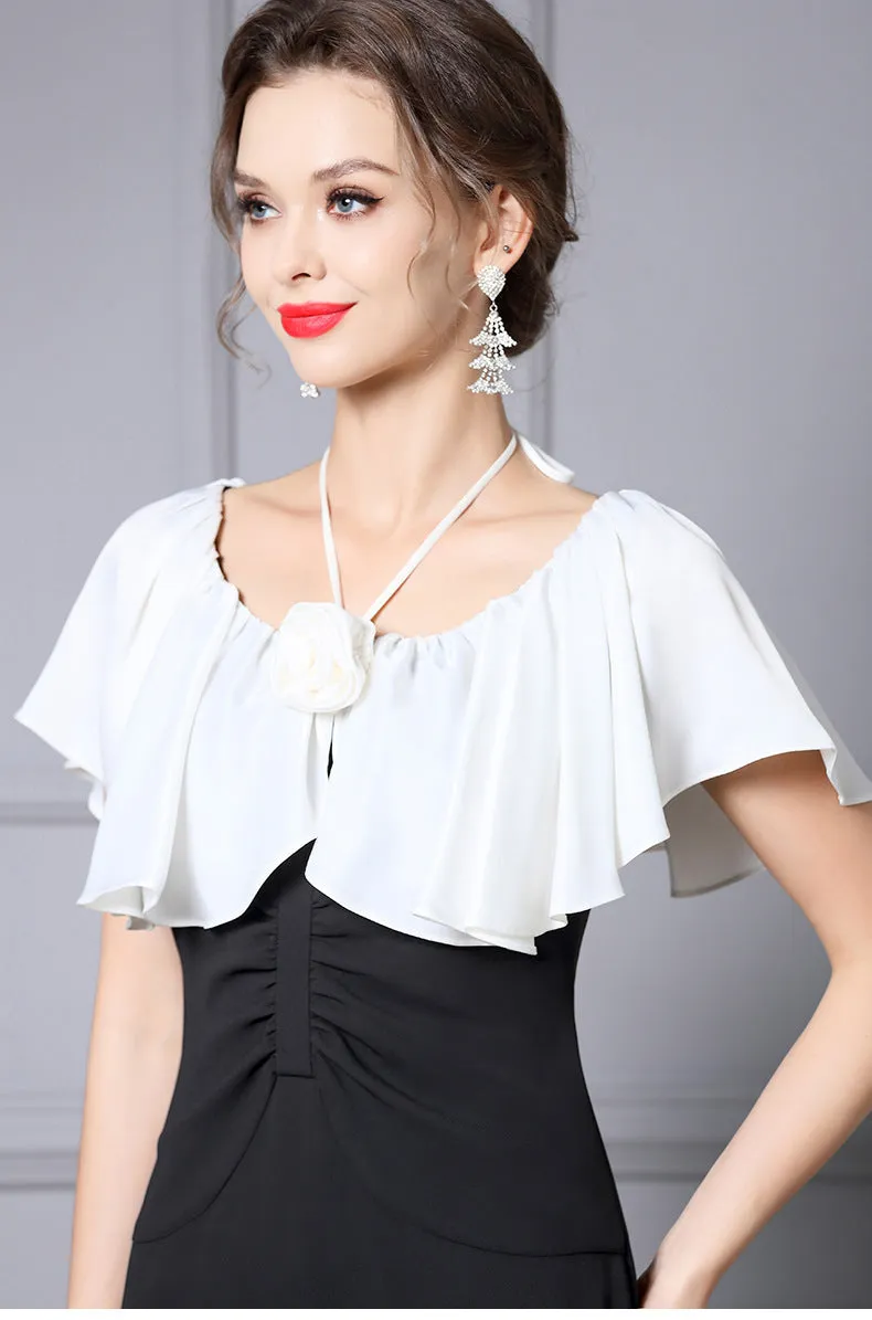 Elegant Black Color-Blocked Fishtail Dress with High Waist