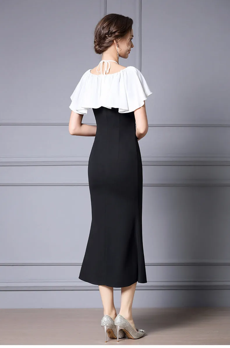 Elegant Black Color-Blocked Fishtail Dress with High Waist