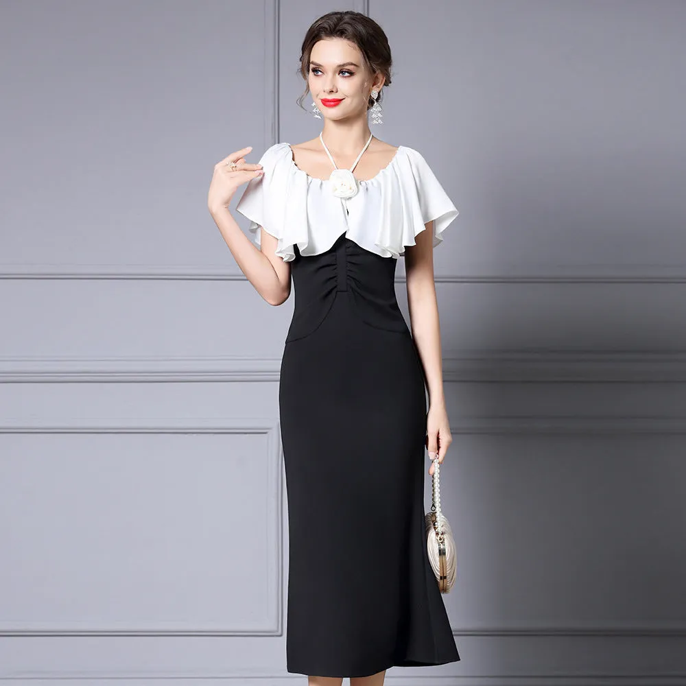 Elegant Black Color-Blocked Fishtail Dress with High Waist