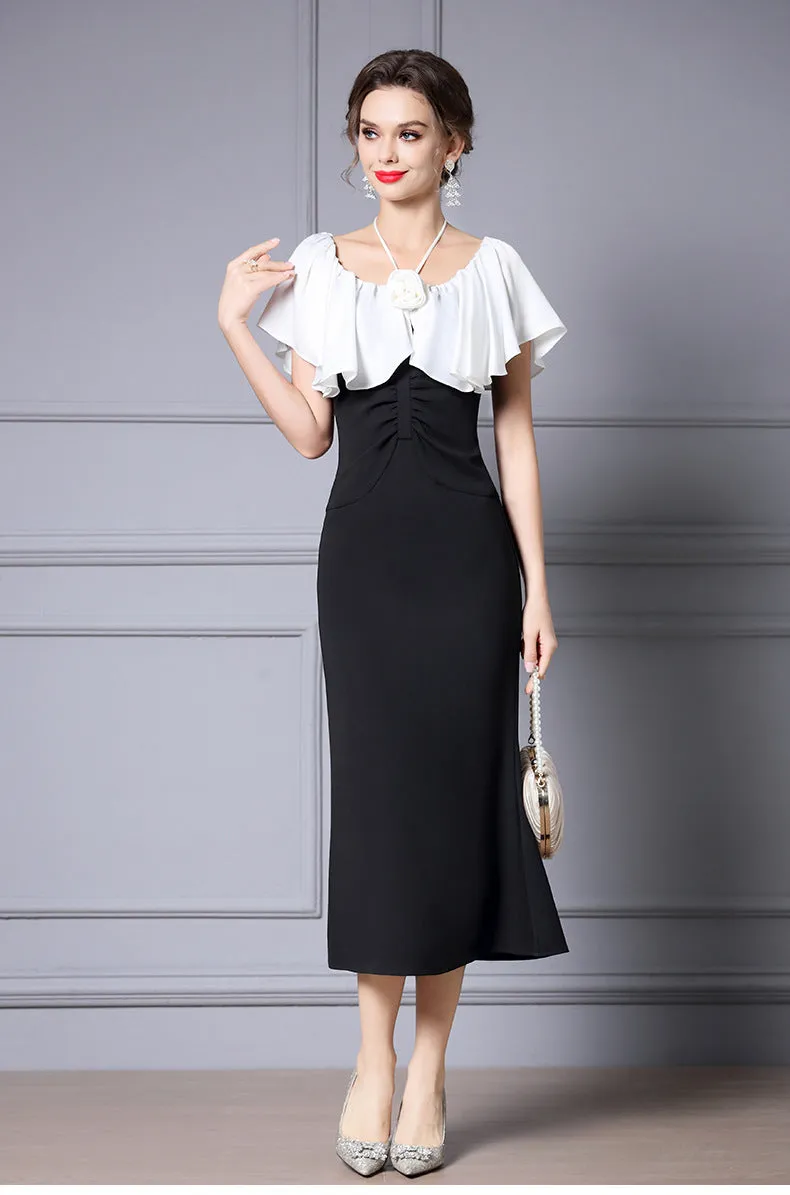 Elegant Black Color-Blocked Fishtail Dress with High Waist