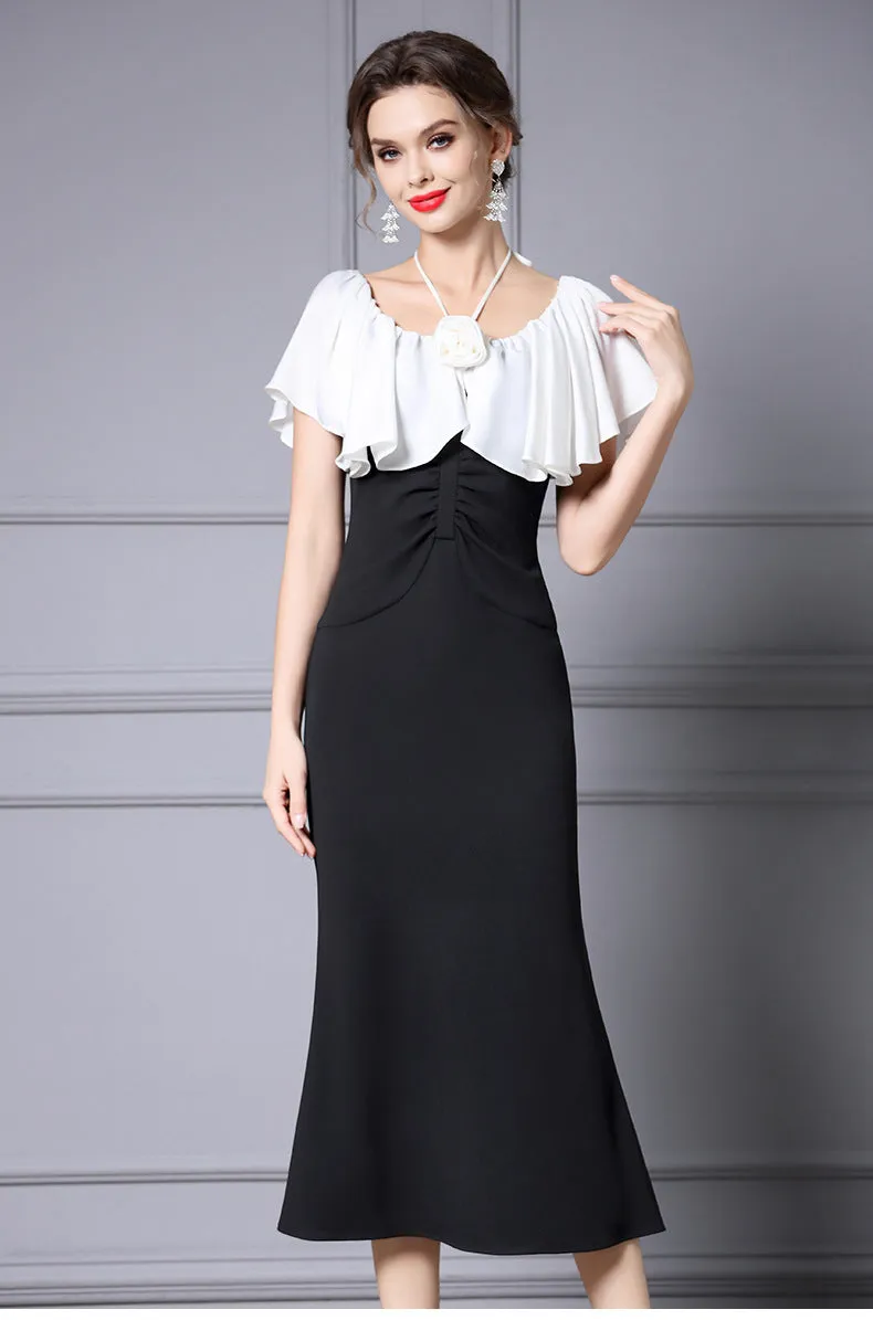 Elegant Black Color-Blocked Fishtail Dress with High Waist