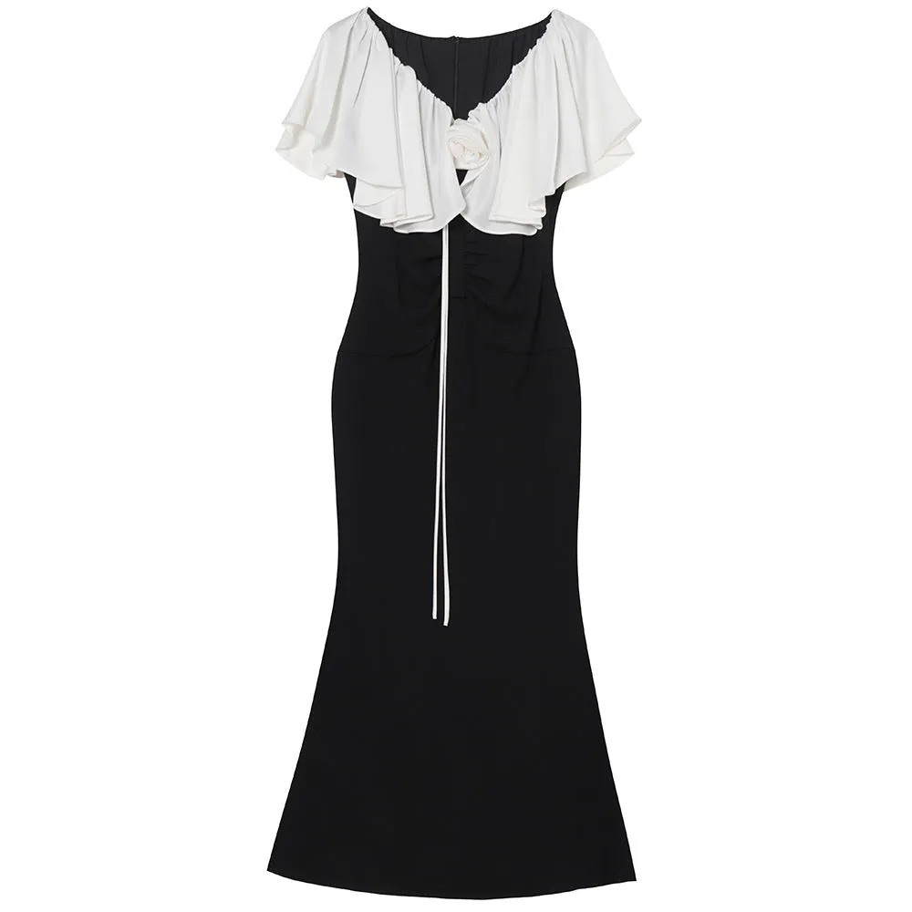Elegant Black Color-Blocked Fishtail Dress with High Waist
