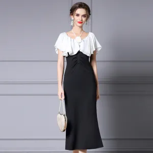 Elegant Black Color-Blocked Fishtail Dress with High Waist