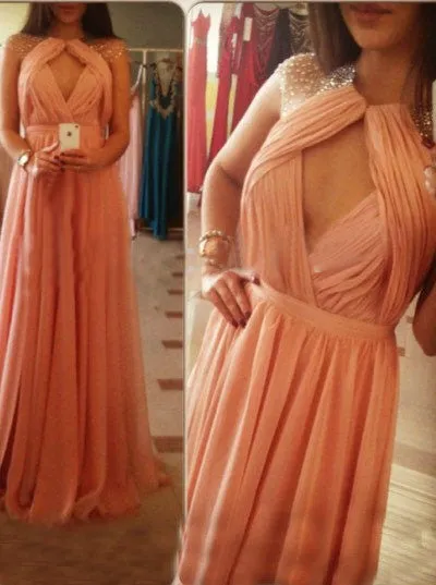 Elegant Jewel Sleeveless Floor-Length Backless Ruched Blush Prom Dress Cap Sleeve Beaded Illusion Neckline Prom Dress