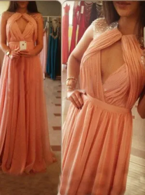 Elegant Jewel Sleeveless Floor-Length Backless Ruched Blush Prom Dress Cap Sleeve Beaded Illusion Neckline Prom Dress