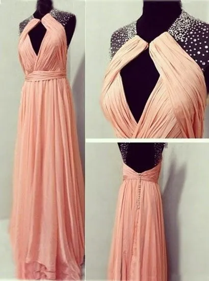 Elegant Jewel Sleeveless Floor-Length Backless Ruched Blush Prom Dress Cap Sleeve Beaded Illusion Neckline Prom Dress