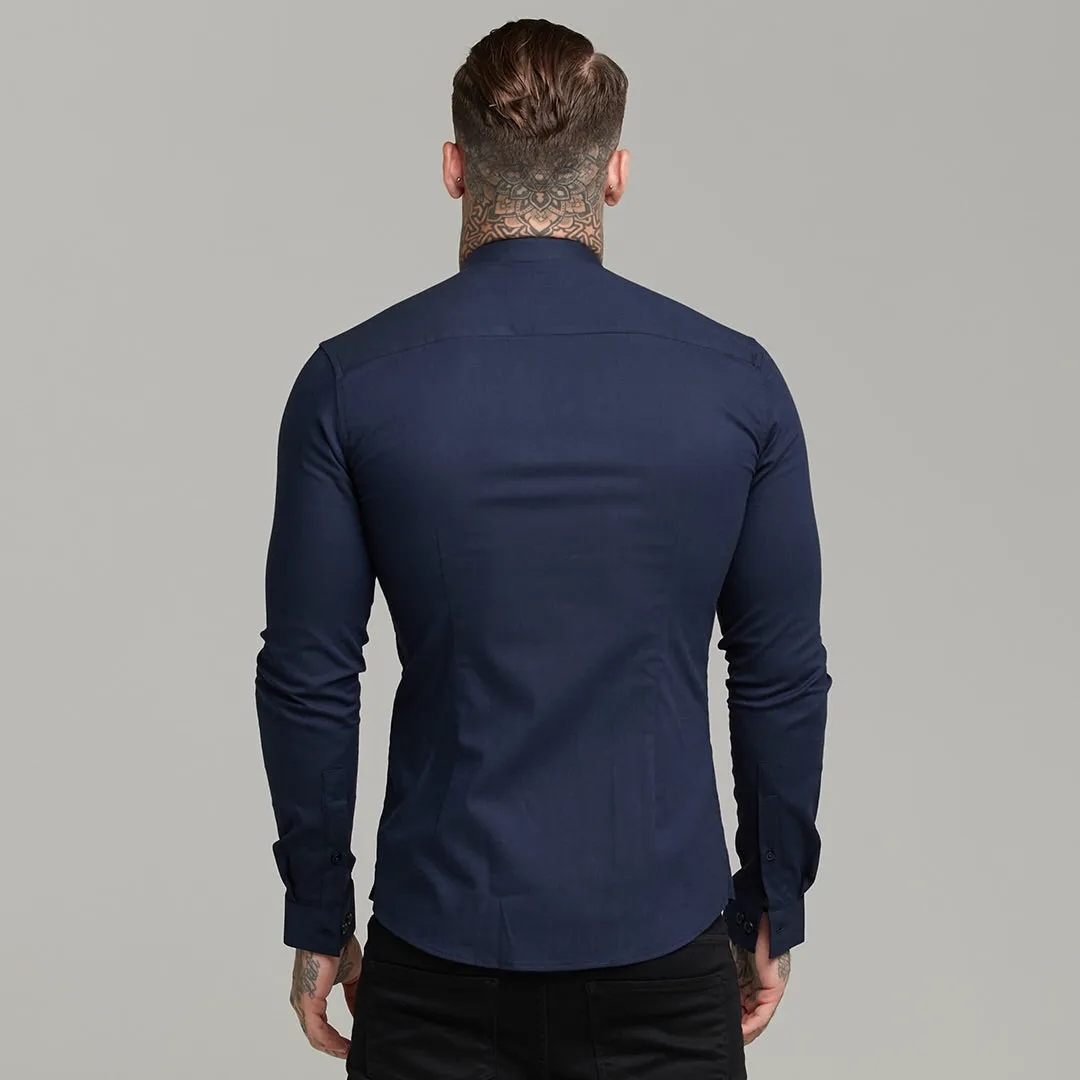 Father Sons Super Slim Stretch Grandad Collar Classic Navy Oxford  Long Sleeve - FS583