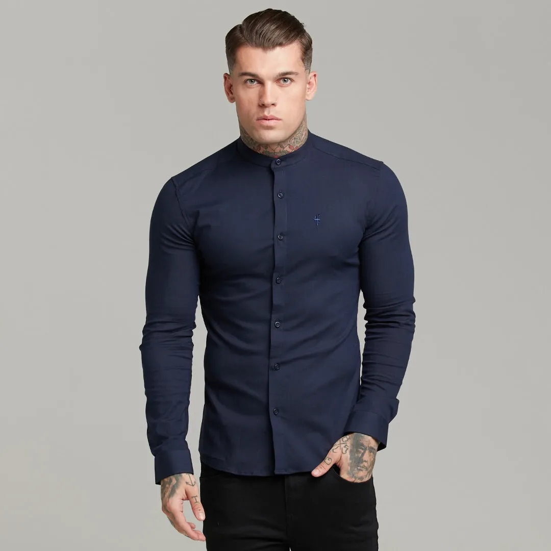 Father Sons Super Slim Stretch Grandad Collar Classic Navy Oxford  Long Sleeve - FS583