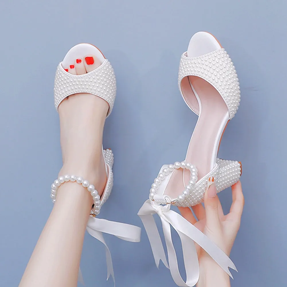 Fish Mouth One Strap Thick Heel Romantic Wedding Shoes with Pearls and Ribbons