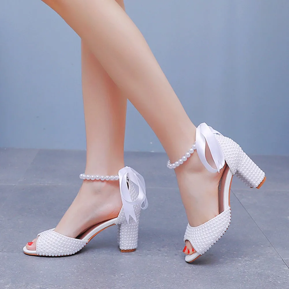 Fish Mouth One Strap Thick Heel Romantic Wedding Shoes with Pearls and Ribbons