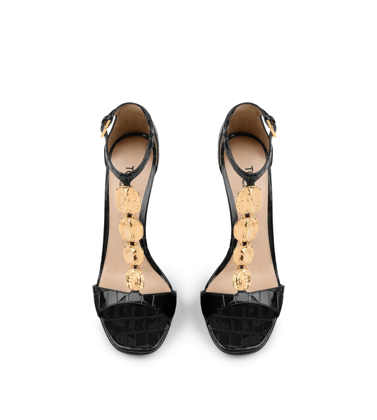 Glossy Stamped Crocodile Leather Titan T Strap Sandal