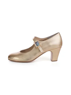 Gold Leather Flamenco Heels with Starry Night Buckle