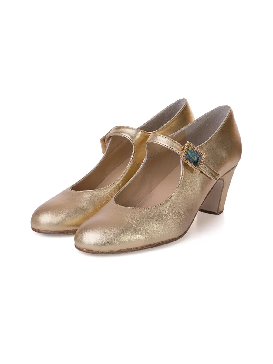 Gold Leather Flamenco Heels with Starry Night Buckle