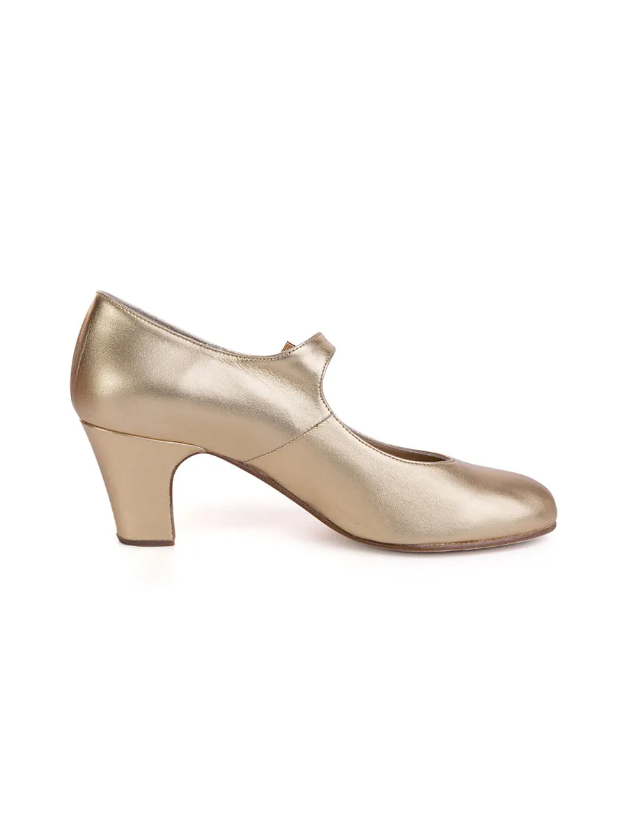Gold Leather Flamenco Heels with Starry Night Buckle