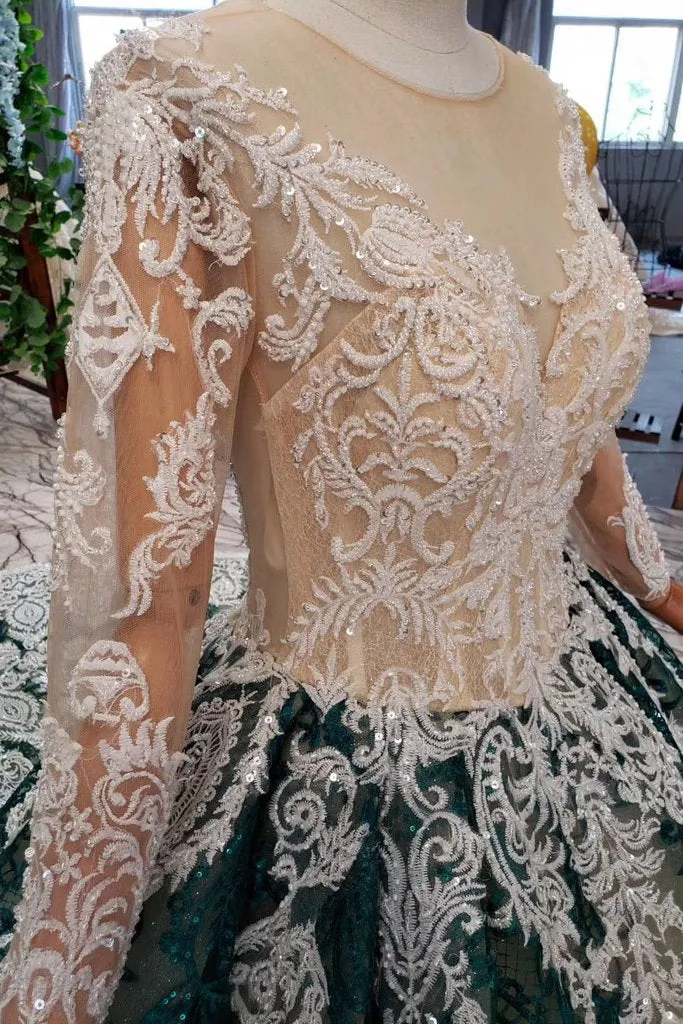 Green Long Sleeves Ball Gown Lace Prom Dresses with Appliques, Long Prom Gown OKP51
