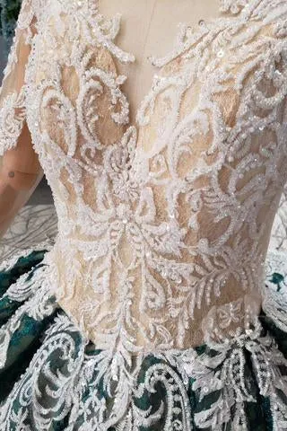 Green Long Sleeves Ball Gown Lace Prom Dresses with Appliques, Long Prom Gown OKP51