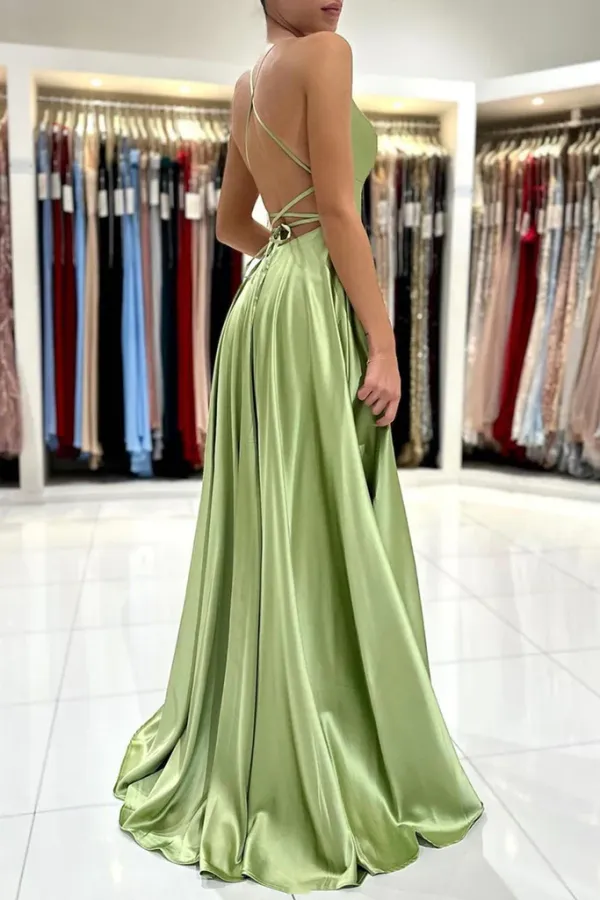 Green Satin Simple A Line Backless Long Prom Dresses With Leg Slit APP0734