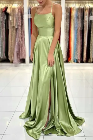 Green Satin Simple A Line Backless Long Prom Dresses With Leg Slit APP0734