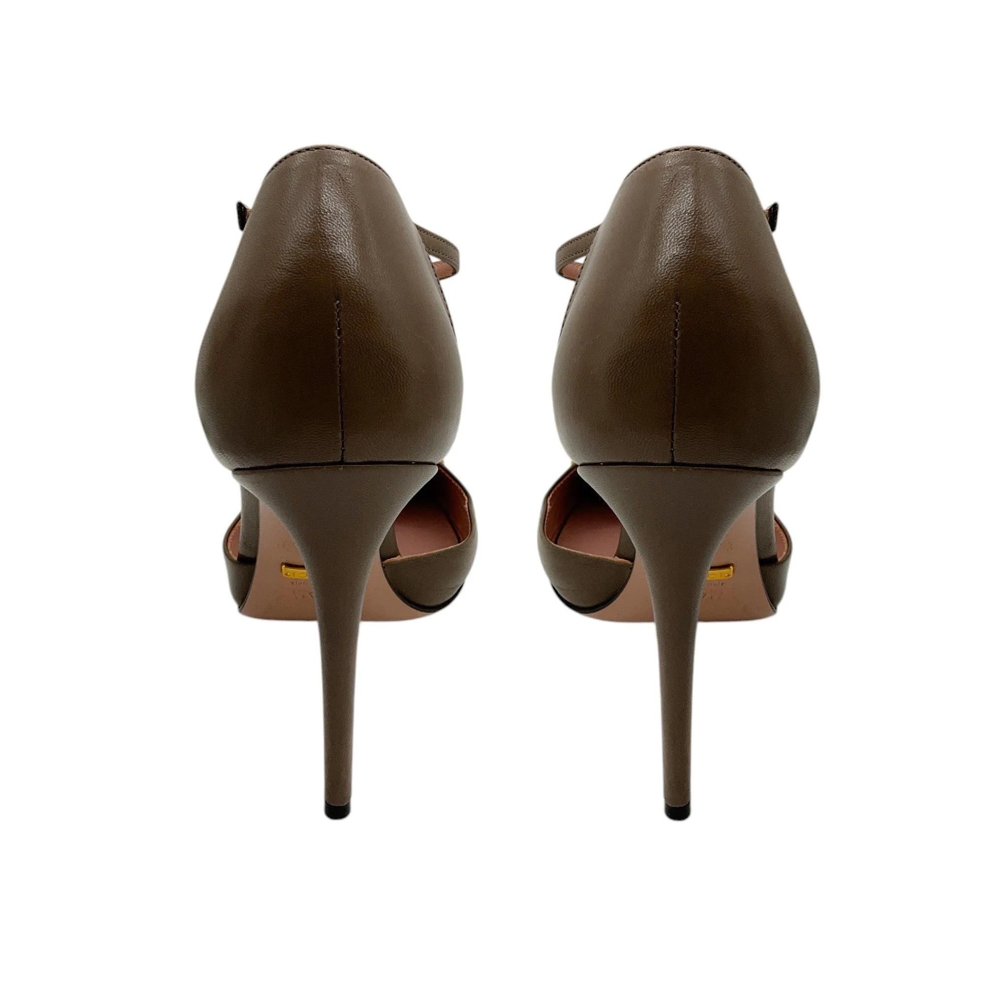 Gucci Taupe / Antiqued Gold Studded T-Strap Leather Pumps