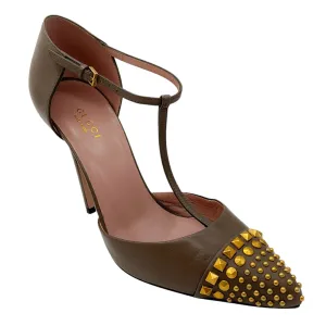 Gucci Taupe / Antiqued Gold Studded T-Strap Leather Pumps