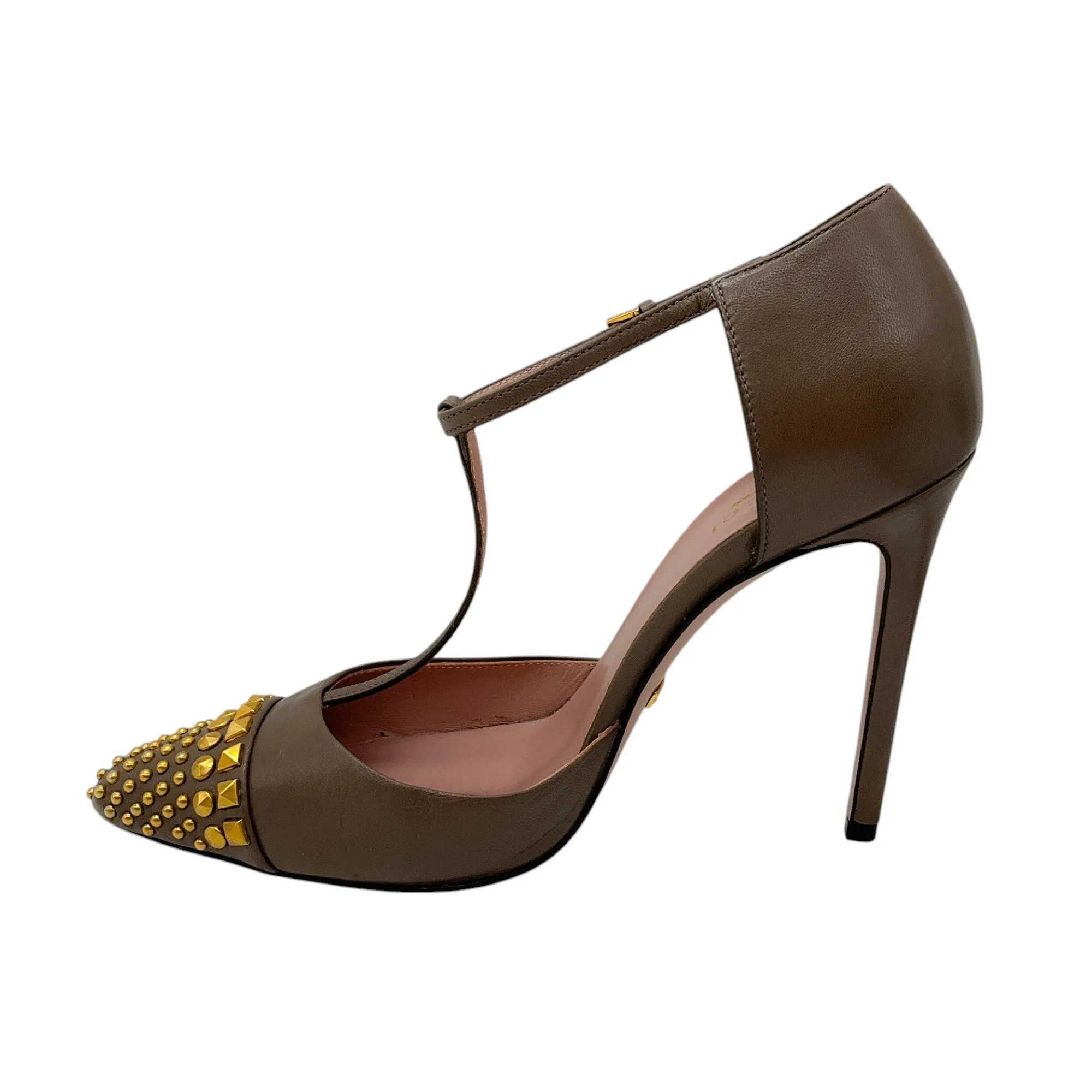 Gucci Taupe / Antiqued Gold Studded T-Strap Leather Pumps