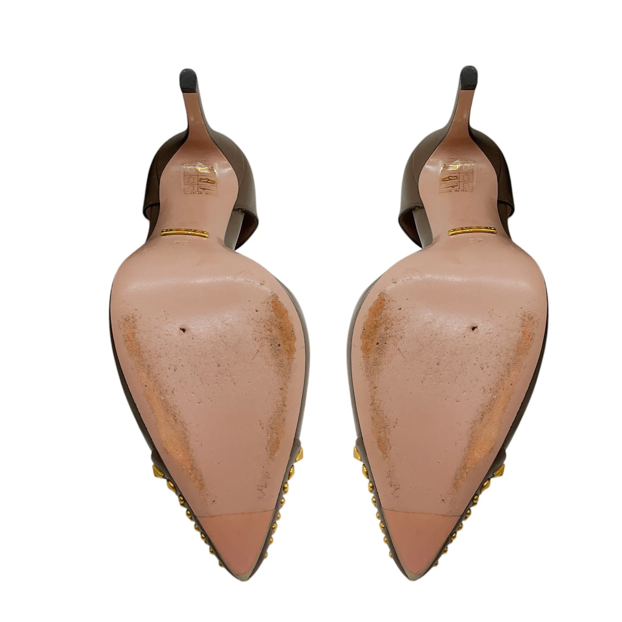 Gucci Taupe / Antiqued Gold Studded T-Strap Leather Pumps