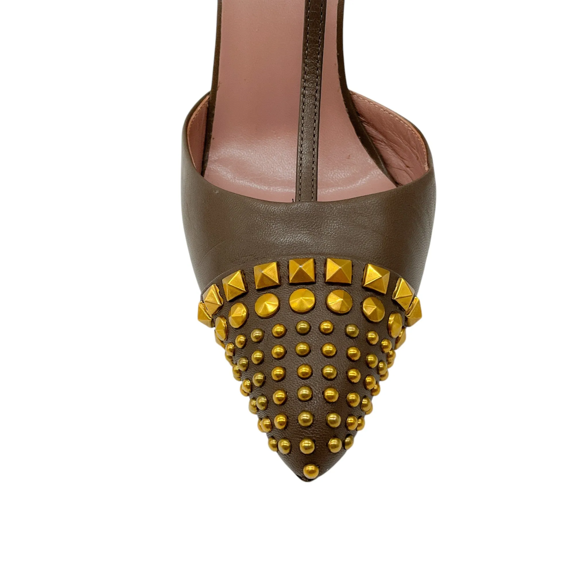 Gucci Taupe / Antiqued Gold Studded T-Strap Leather Pumps