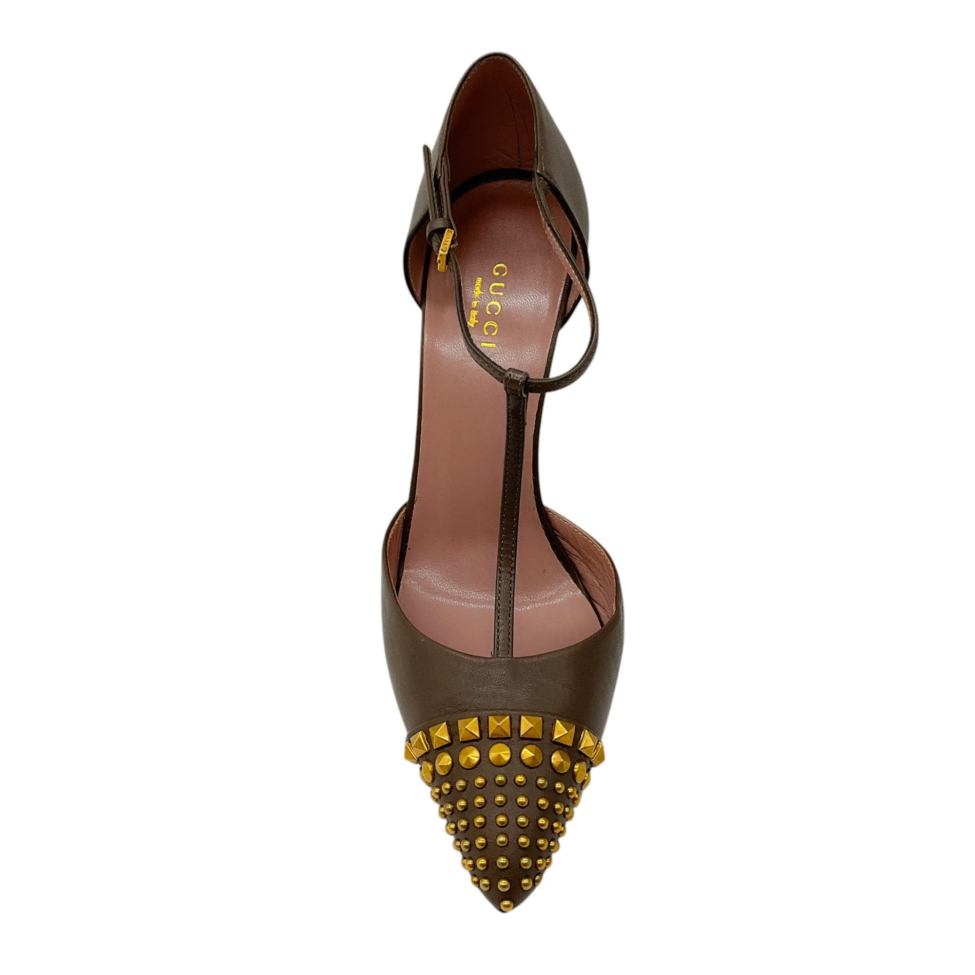 Gucci Taupe / Antiqued Gold Studded T-Strap Leather Pumps