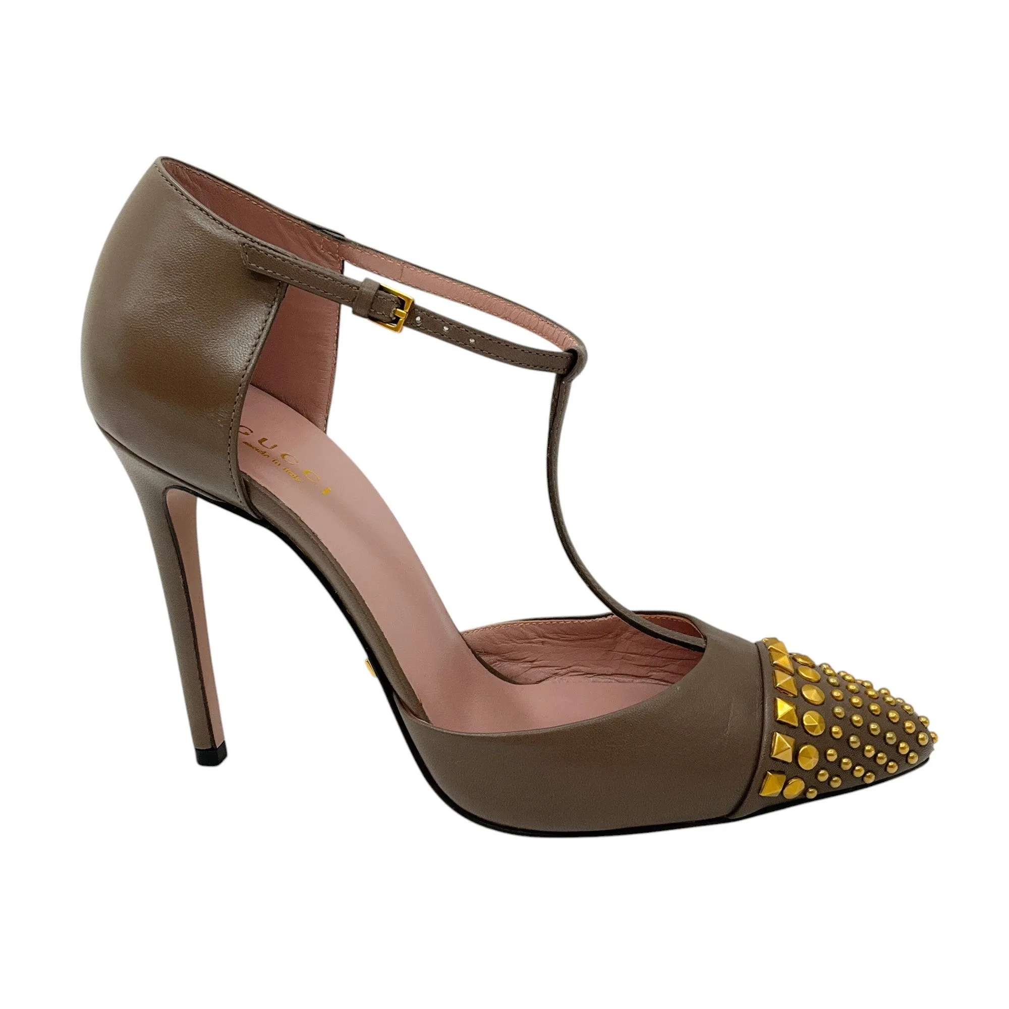 Gucci Taupe / Antiqued Gold Studded T-Strap Leather Pumps